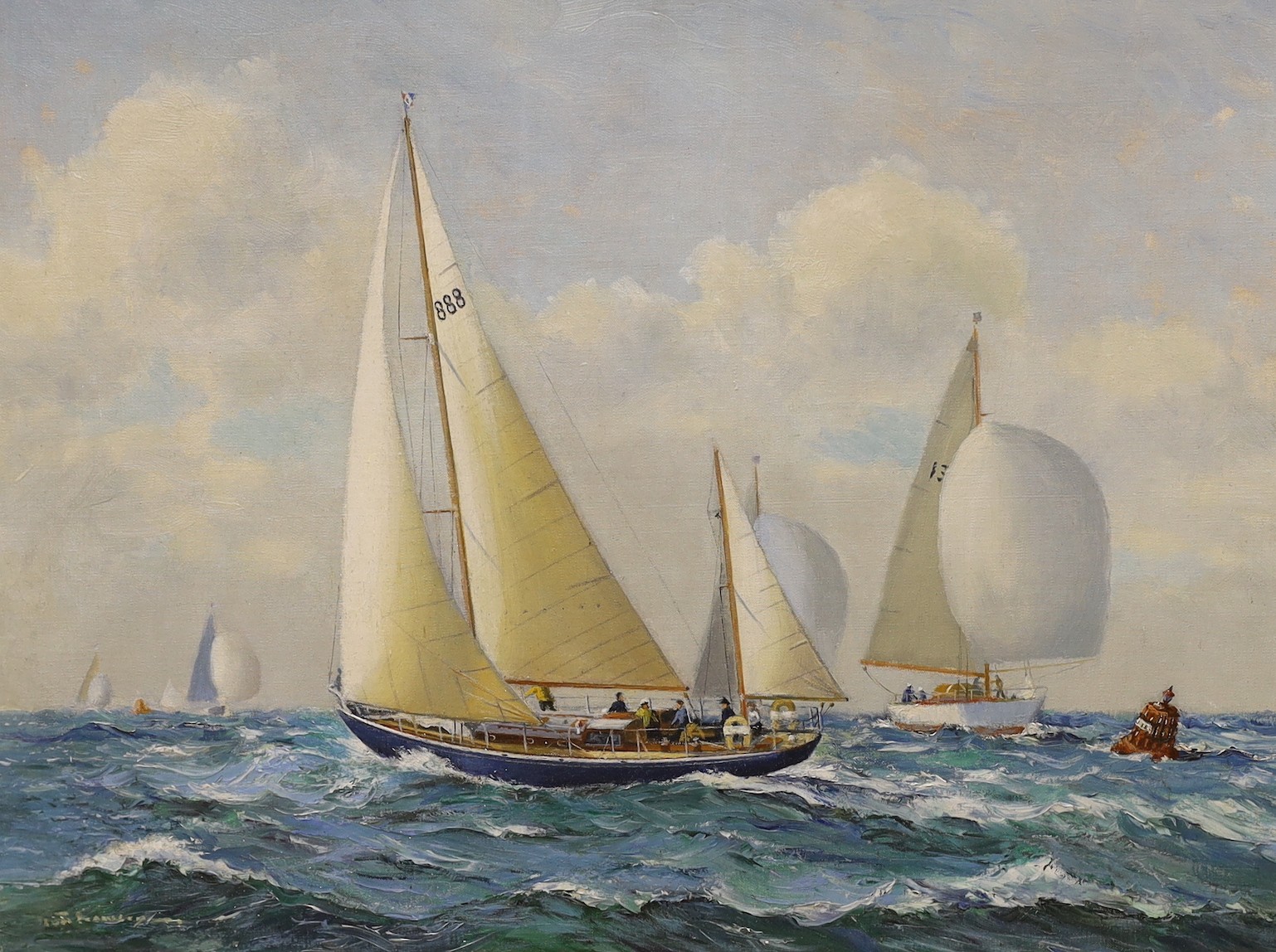 English School, oil on canvas, Racing yachts, indistinctly signed, 45 x 60cm.